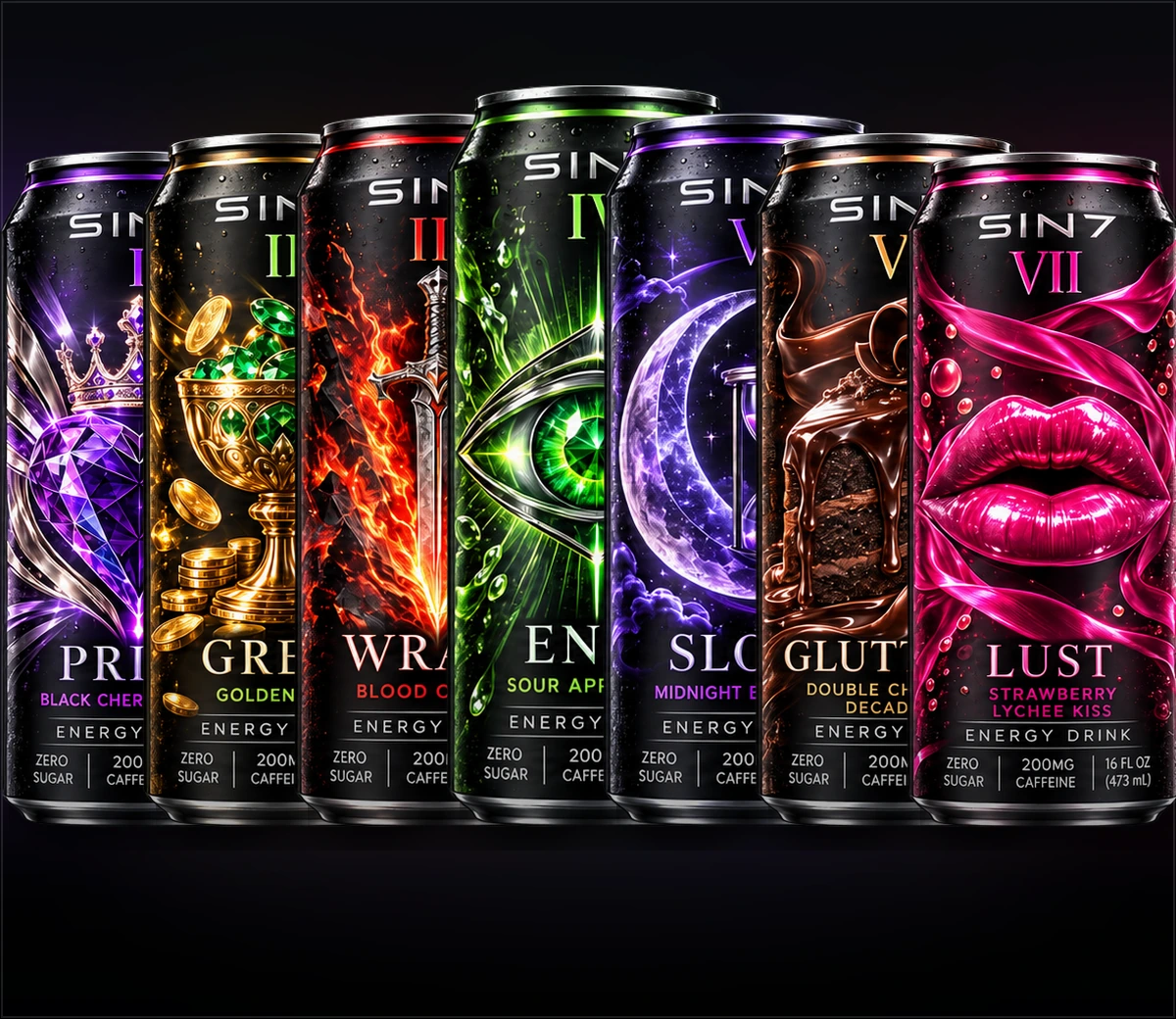 The seven new SIN7 energy drink can designs